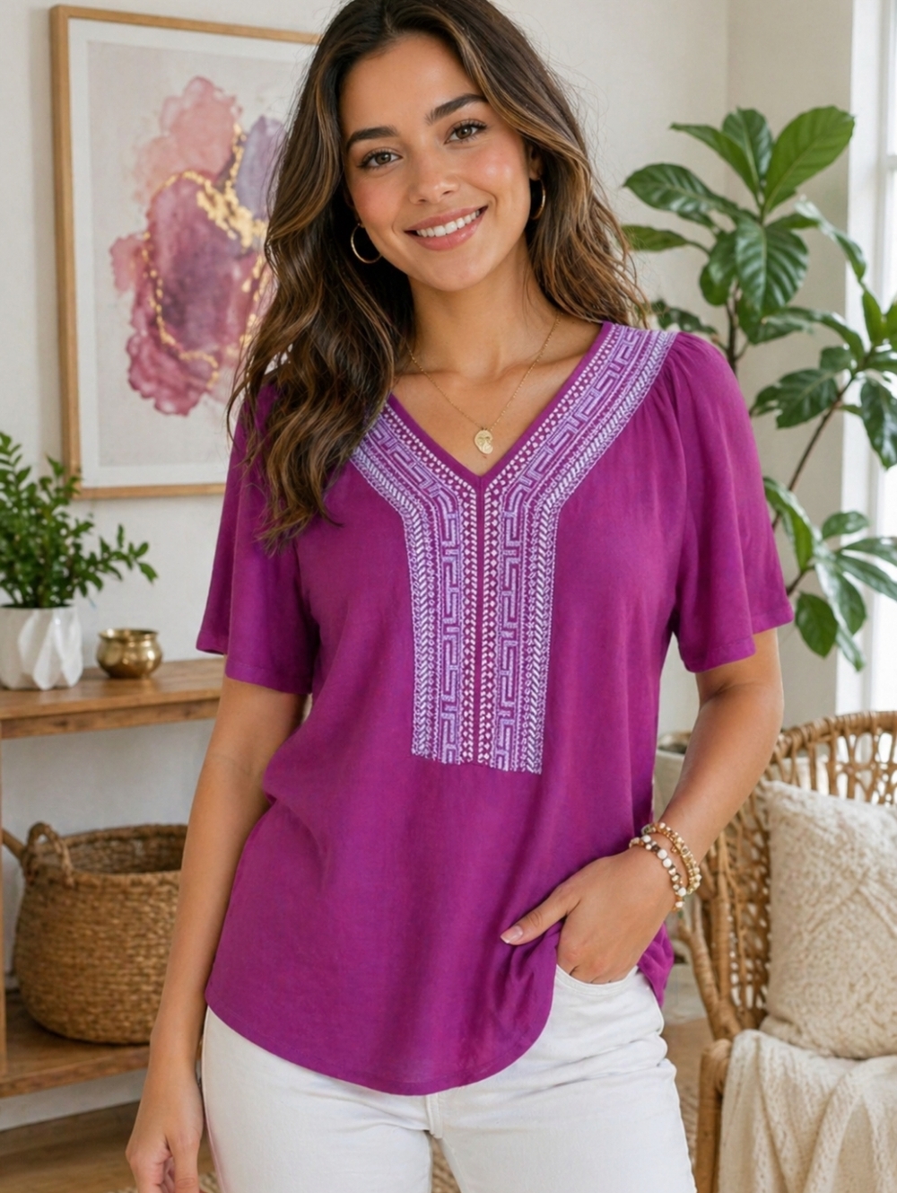 Vintage V-Neck Embellished Half Sleeve Top. Size M.